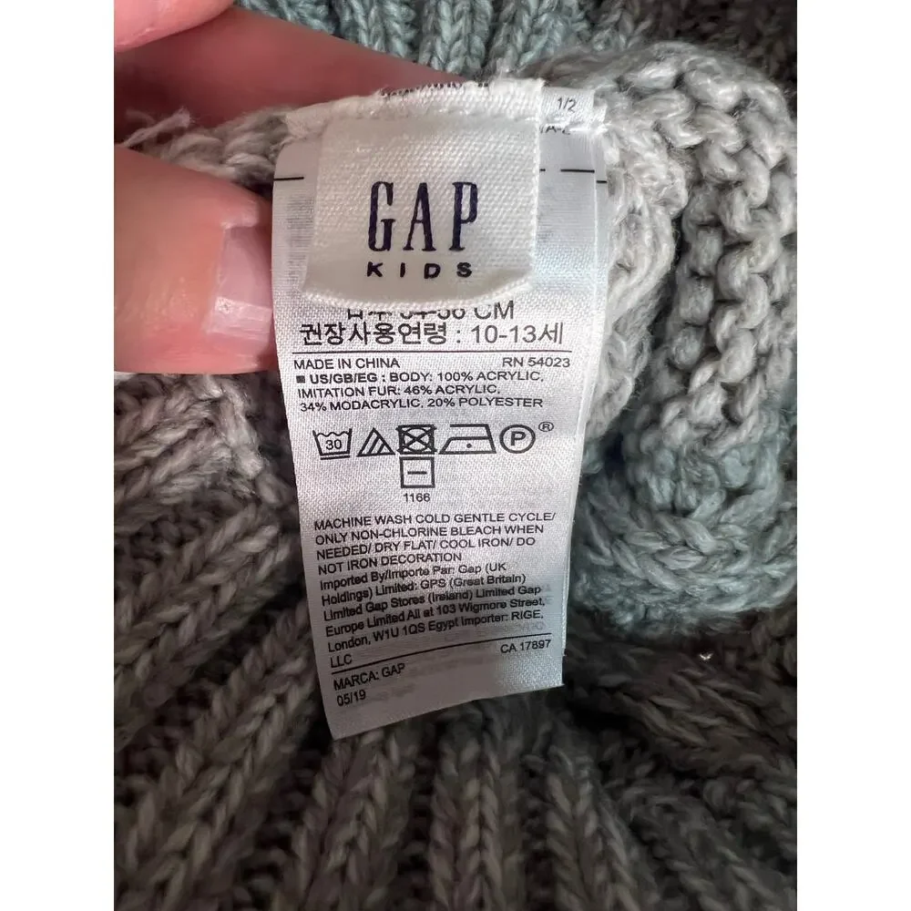GAP Kids Girls Cable Knit Pom Beanie Hat Winter Warm Faux Fur Gray L/XL